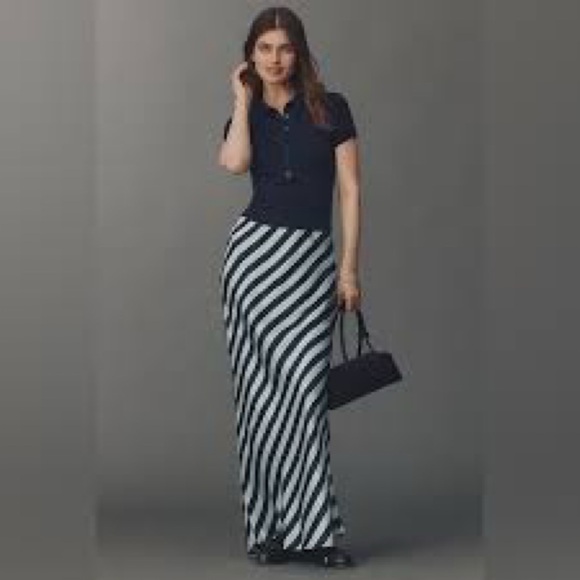 Anthropologie Dresses & Skirts - Anthropologie Texco Satin Blue Diagonal Stripe Boho Coquette Maxi Skirt XXS